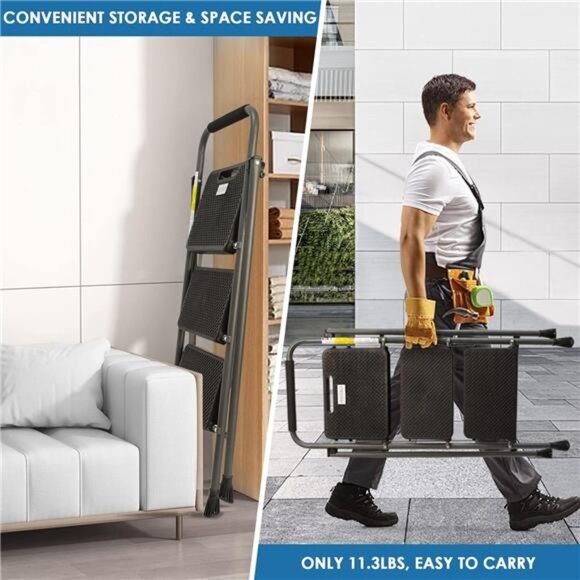3 Step Ladder, GOLYTON Folding Step Stool with Anti-Slip Wide Pedal &  Handgrip - Picture 6 of 7